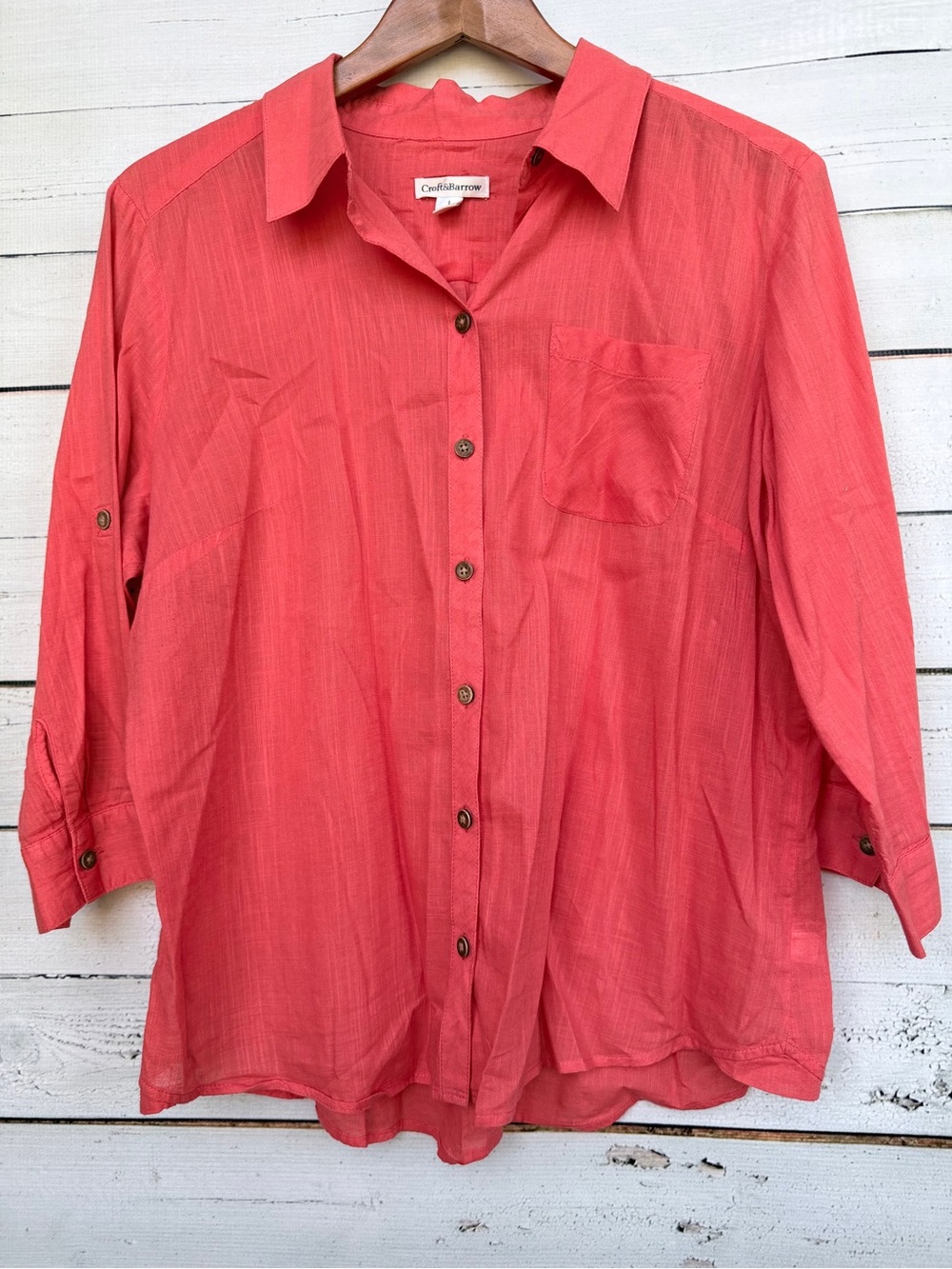 Croft & Barrow Roll Tab 3/4 Sleeve Linen Blend Button Down Blouse Size large